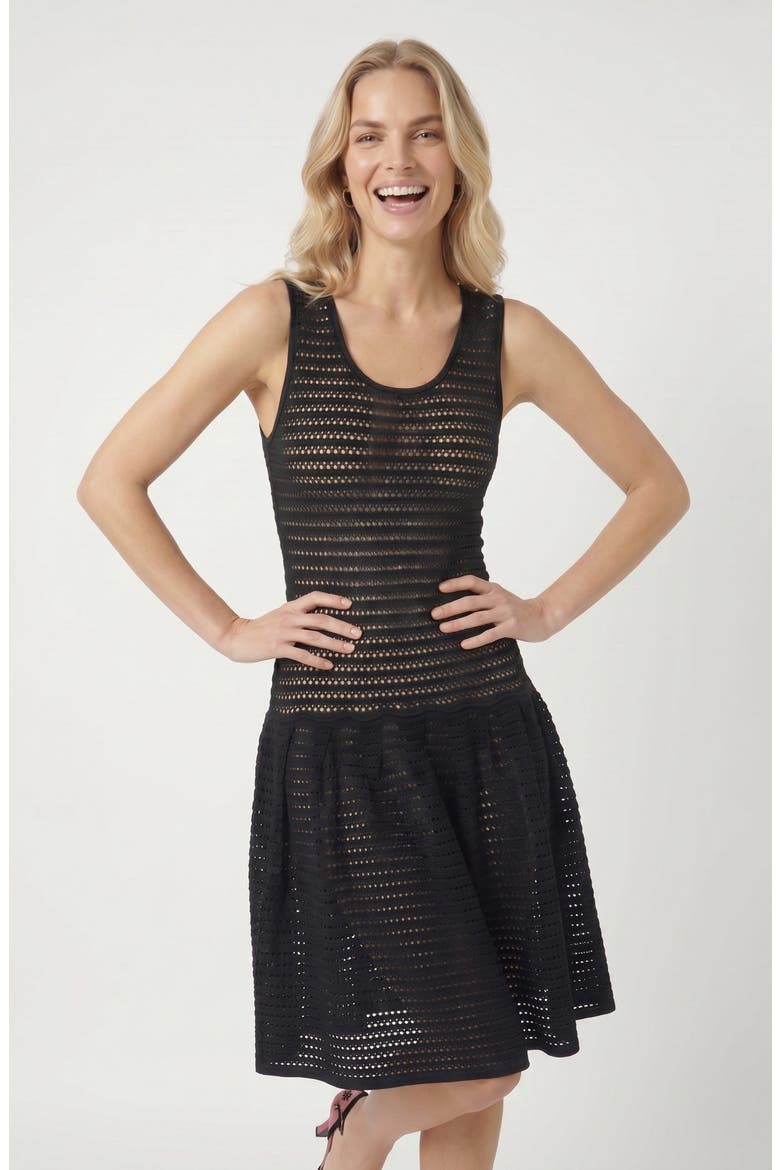 Sleeveless Eyelet Pattern Flared Hem Knit Dress, Alternate, color, Black