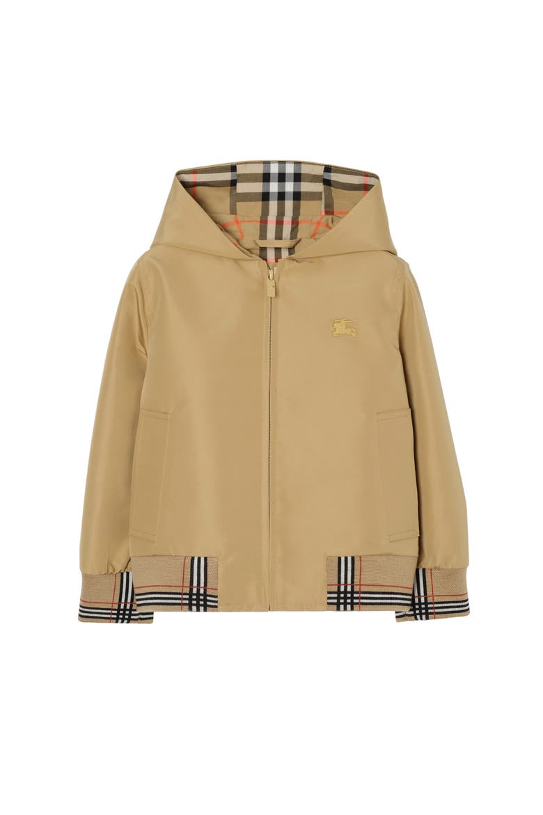 Check Trim Hooded Jacket, Main, color, Sand beige