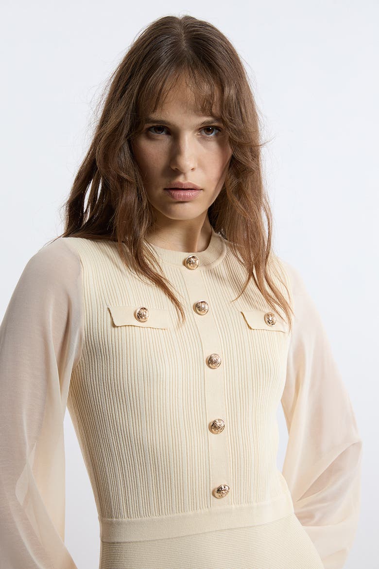 Military Trim Chiffon Sleeve Knit Dress, Alternate, color, Cream