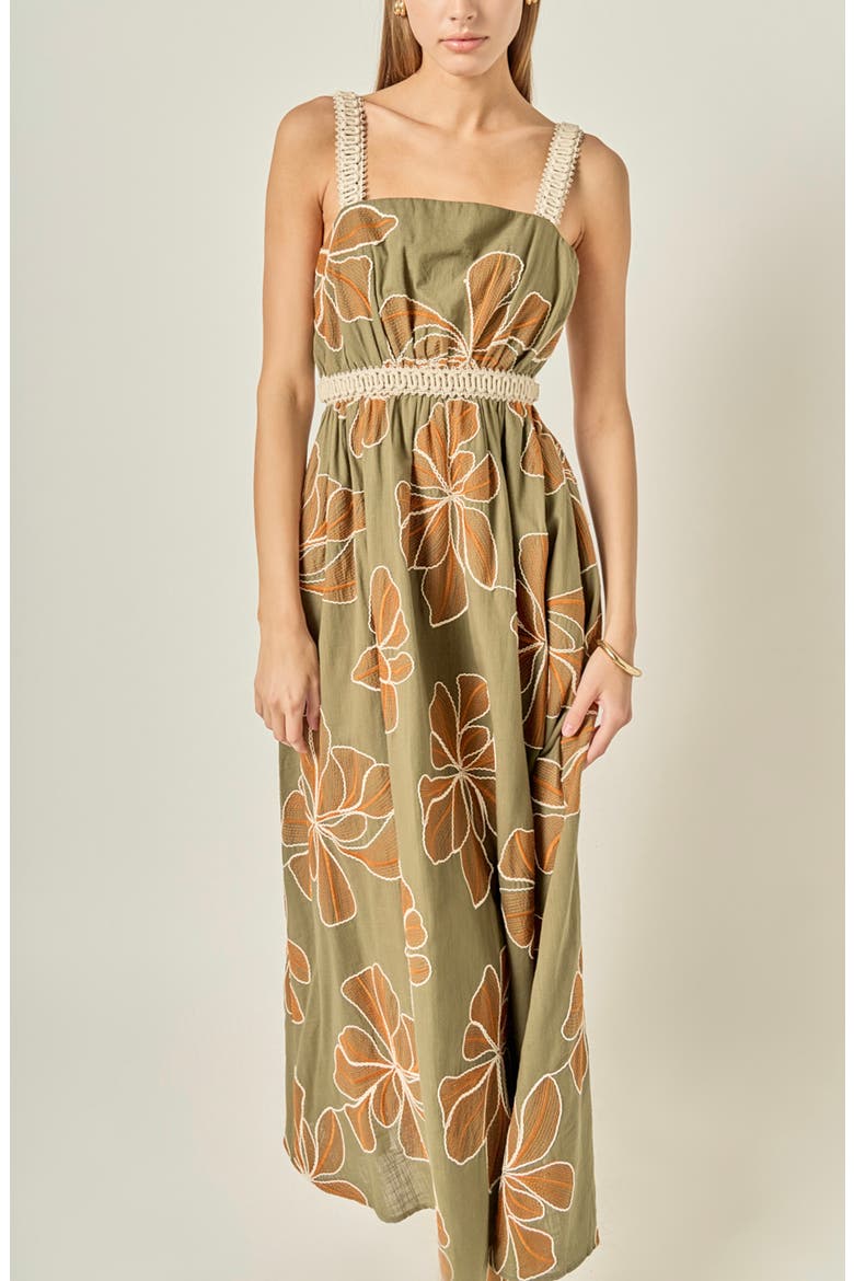 Embroidered Floral Waist Cutout Cotton Maxi Dress, Alternate, color, OLIVE/ CREAM