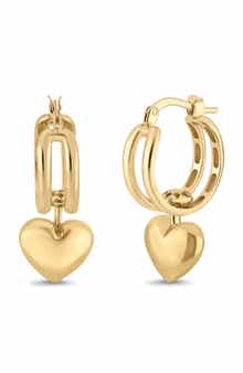 14k Gold Heart Charm Hoop Earrings