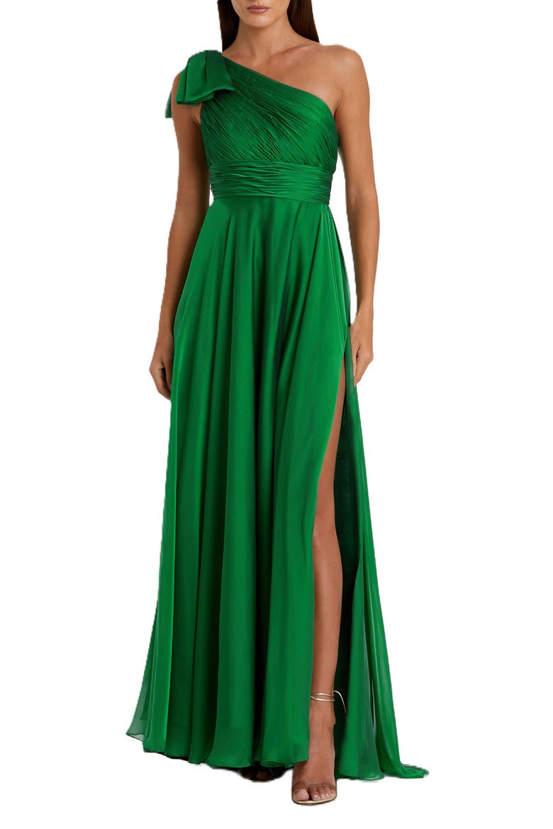 One Shoulder Pleated Chiffon Gown with Draped Waist and High Slit, Main, color, EMERALD