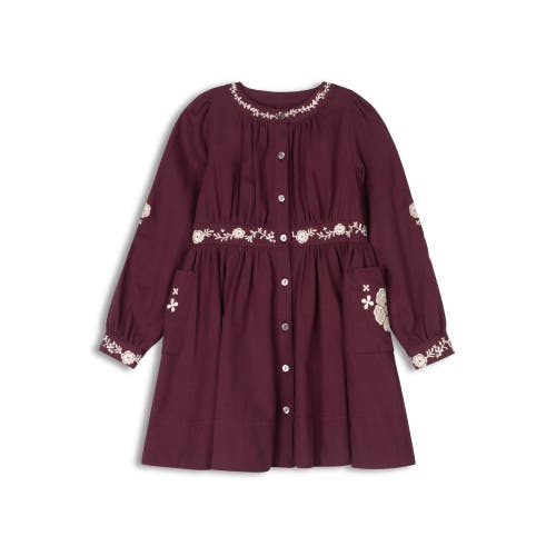 Looms Knits Kids'  Looms Floral Embroidered Waisted Cotton Dress In Burgundy