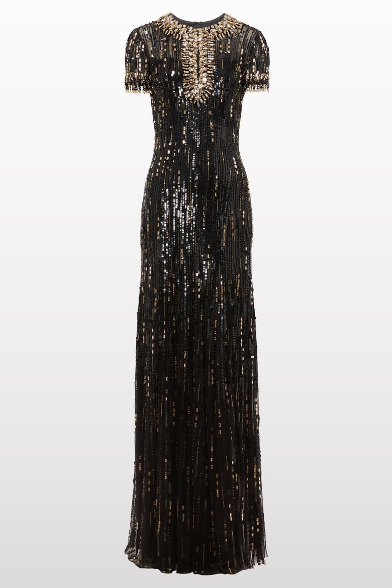 Nova Sequin-Embellished Keyhole-Neck Maxi Dress, Main, color, Liquorice/Gold