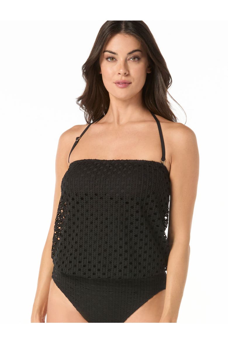 Crochet Blouson Tankini Swim Top, Alternate, color, Black