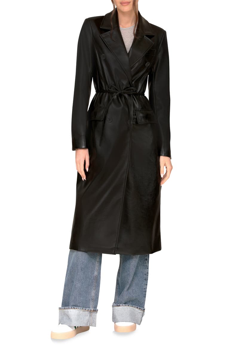 Double Breasted Faux Leather Coat, Main, color, BLACK