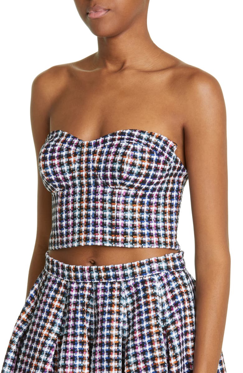 Carolina Herrera Strapless Check Tweed Crop Top, Alternate, color,
