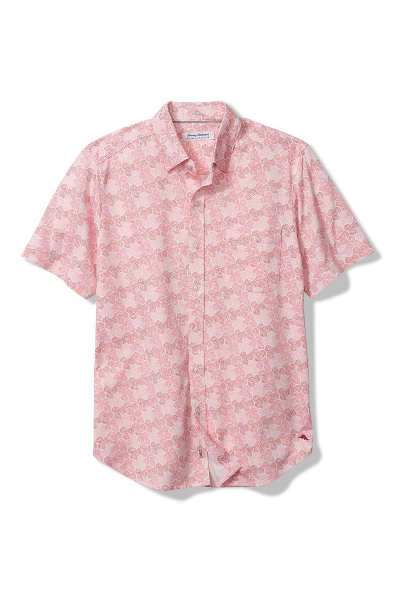 San Lucio Tri Leaf Geo Print IslandZone® Short Sleeve Button-Up Shirt, Main, color, HULA