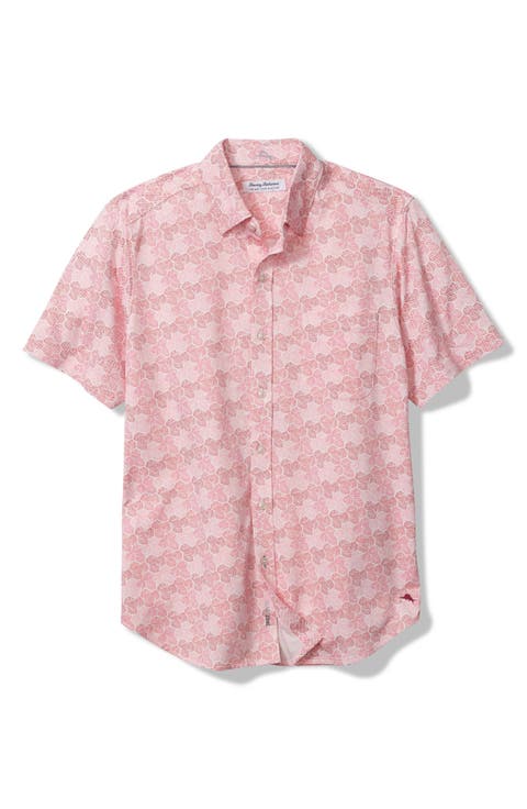 San Lucio Tri Leaf Geo Print IslandZone® Short Sleeve Button-Up Shirt
