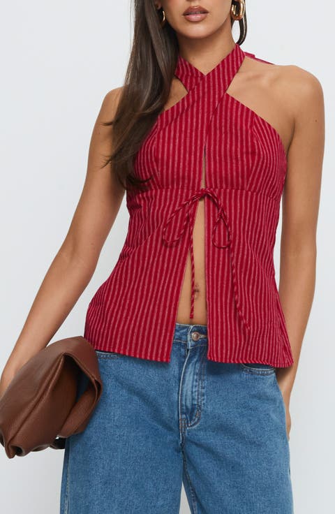 Stripe Cotton Cross Strap Halter Top