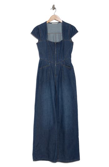 Avec Les Filles Corset Wide Leg Denim Jumpsuit In Luna Wash