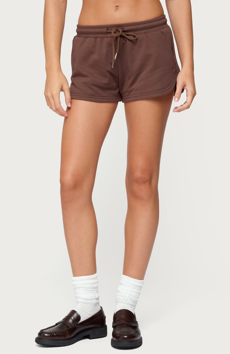 EDIKTED Kordelia Drawstring Sweat Shorts, Main, color, Brown