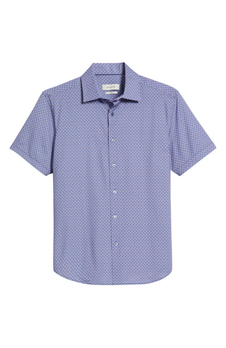 Bugatchi Miles OoohCotton<sup>®</sup> Geometric Print Short Sleeve Button-Up Shirt, Alternate, color, Peacock