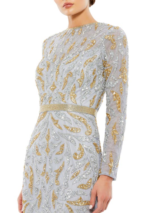Mac Duggal Beaded Long Sleeve Evening Gown In Platinum Gold