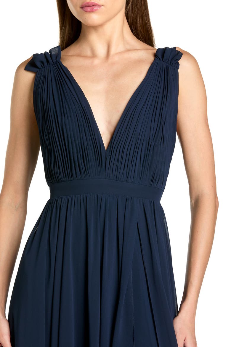Petite Sleeveless Pleated Chiffon V-Neck Gown, Alternate, color, Navy
