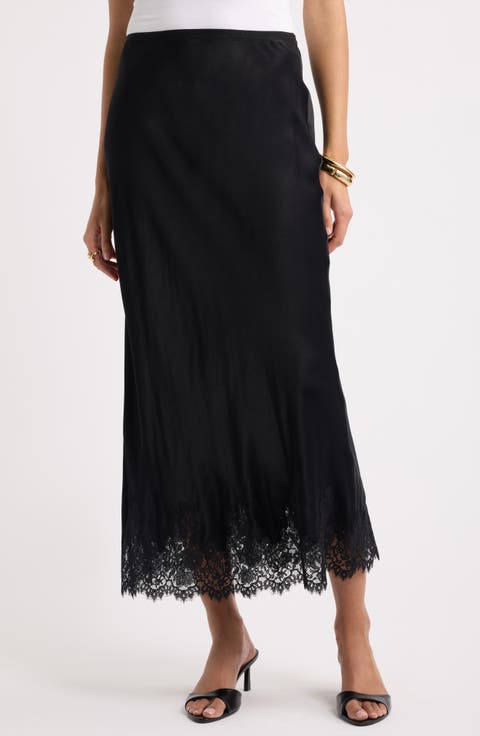 Lace Trim Satin Bias Midi Skirt