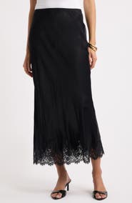 Nordstrom Lace Trim Satin Bias Midi Skirt