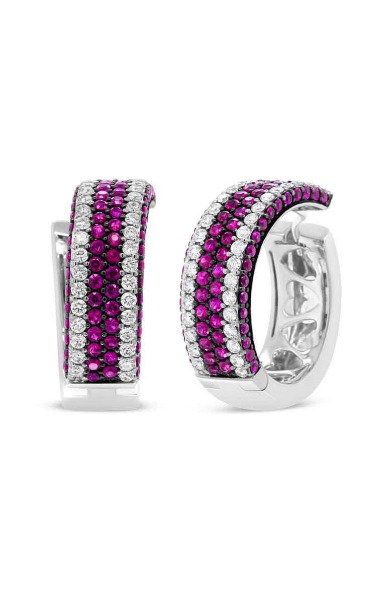 18K White Gold 1 7/8 Cttw Diamond and 1mm Round Red Ruby Open Swish Hoop Earrings, Alternate, color, White