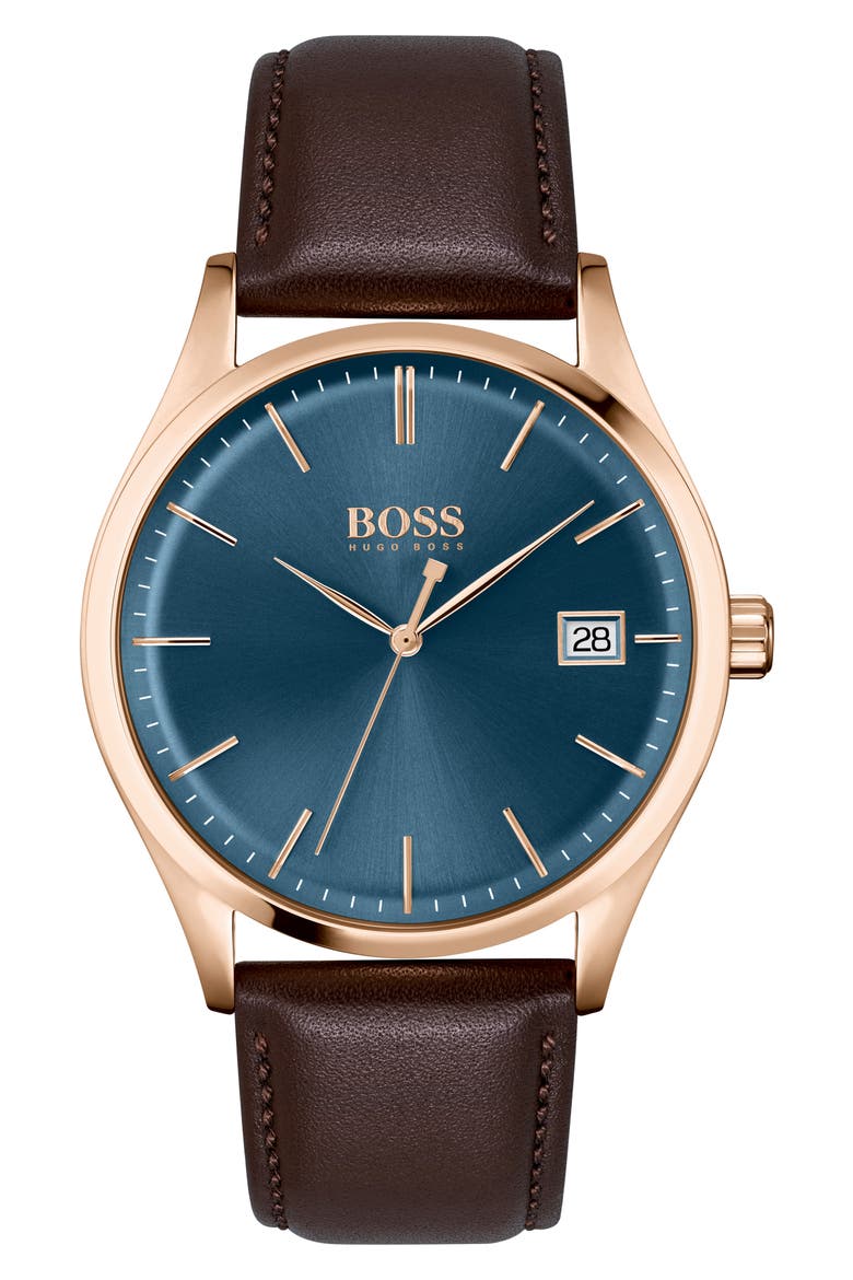 Commissioner Leather Strap Watch, 42mm, Main, color, BLUE
