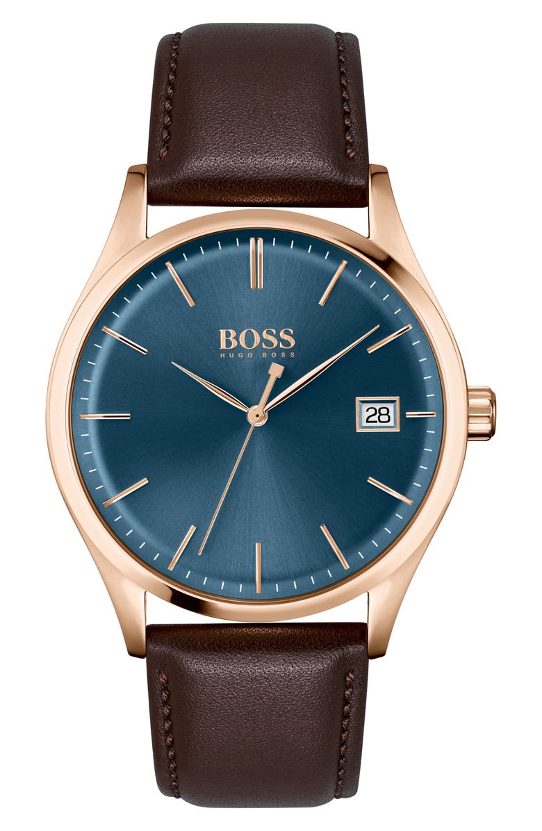 BOSS Commissioner Leather Strap Watch, 42mm, Main, color, 