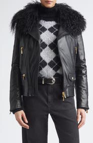 Eleventy Genuine Shearling Collar Leather Biker Jacket