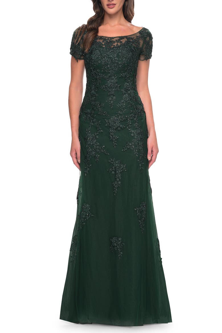 Lace and Net Fitted Long Mother of the Bride Dress, Main, color, Dark Emerald