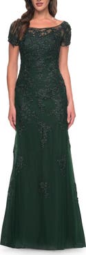 La Femme Lace and Net Fitted Long Mother of the Bride Dress