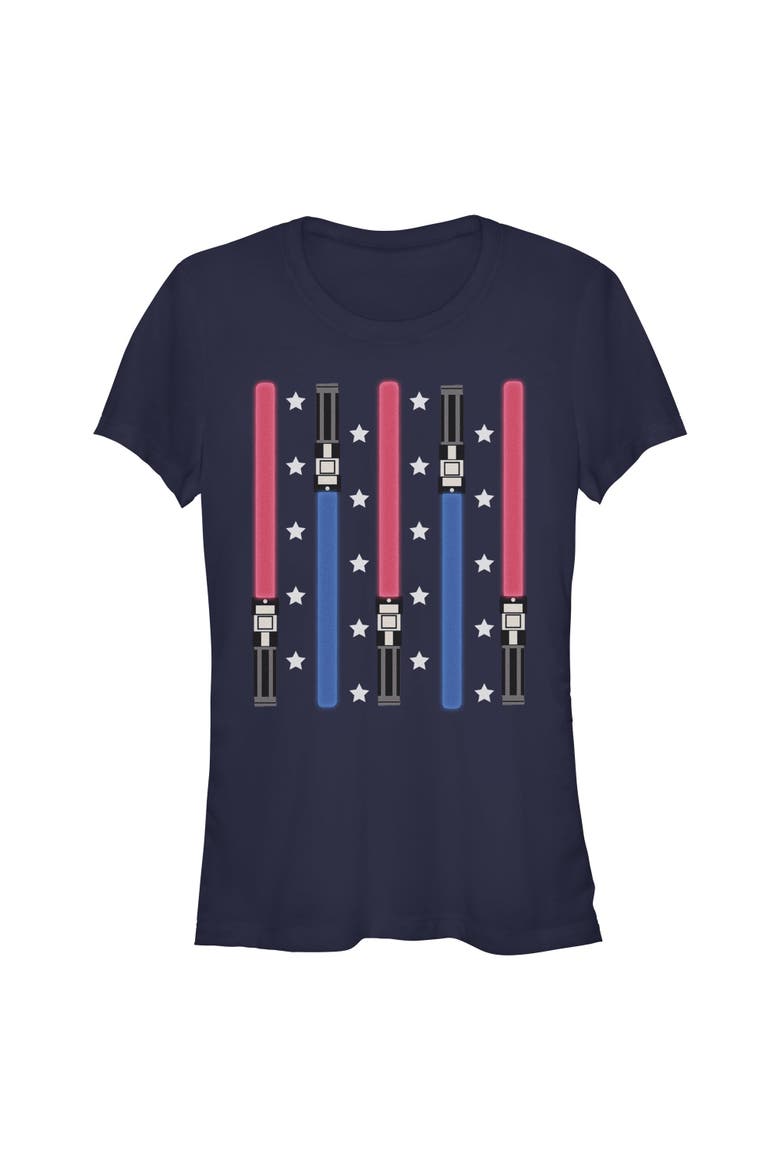 Junior's Star Wars Festive Lightsabers  Graphic T-Shirt, Main, color, Navy Blue