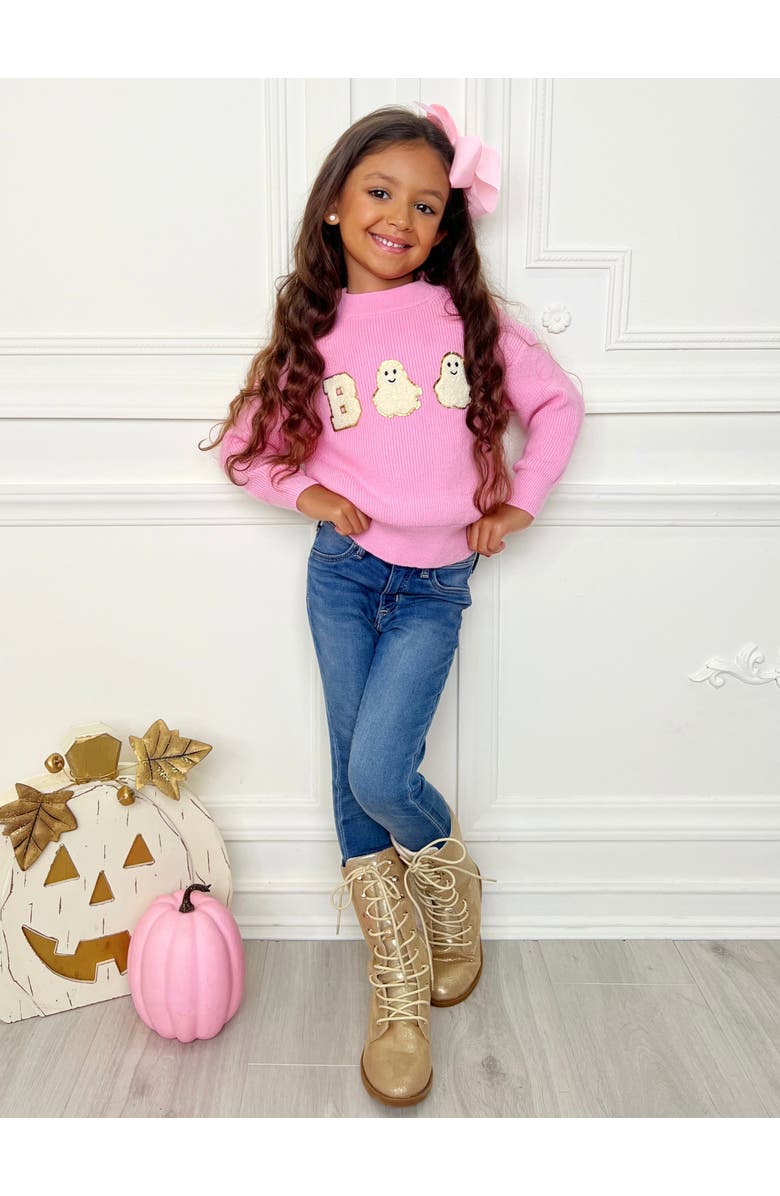 Mia Belle Girls Boo Ghost Halloween Sweater, Alternate, color, Pink