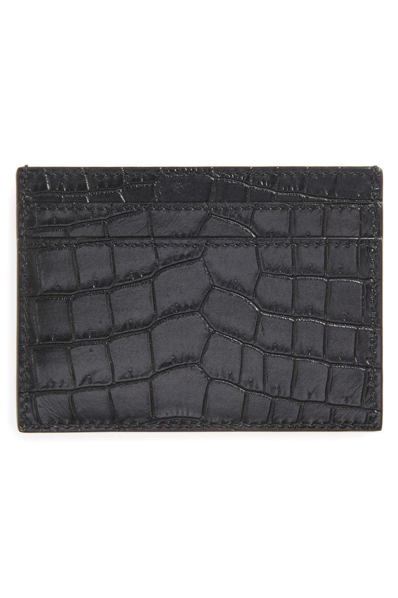 YSL Monogram Croc Embossed Leather Card Case, Alternate, color, BLACK