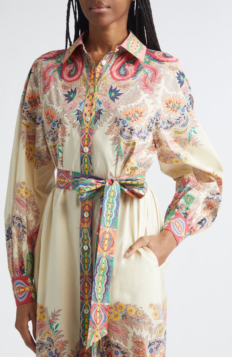 Etro Placed Paisley Long Sleeve Belted Midi Shirtdress, Alternate, color, Print On White Base