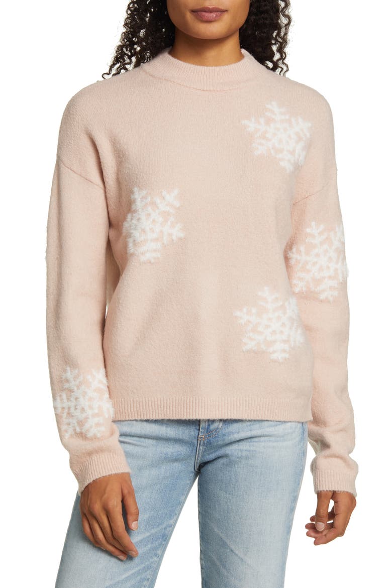 Snowflake Mock Neck Sweater, Main, color, PINK SMOKE- IVORY SNOWFLAKE