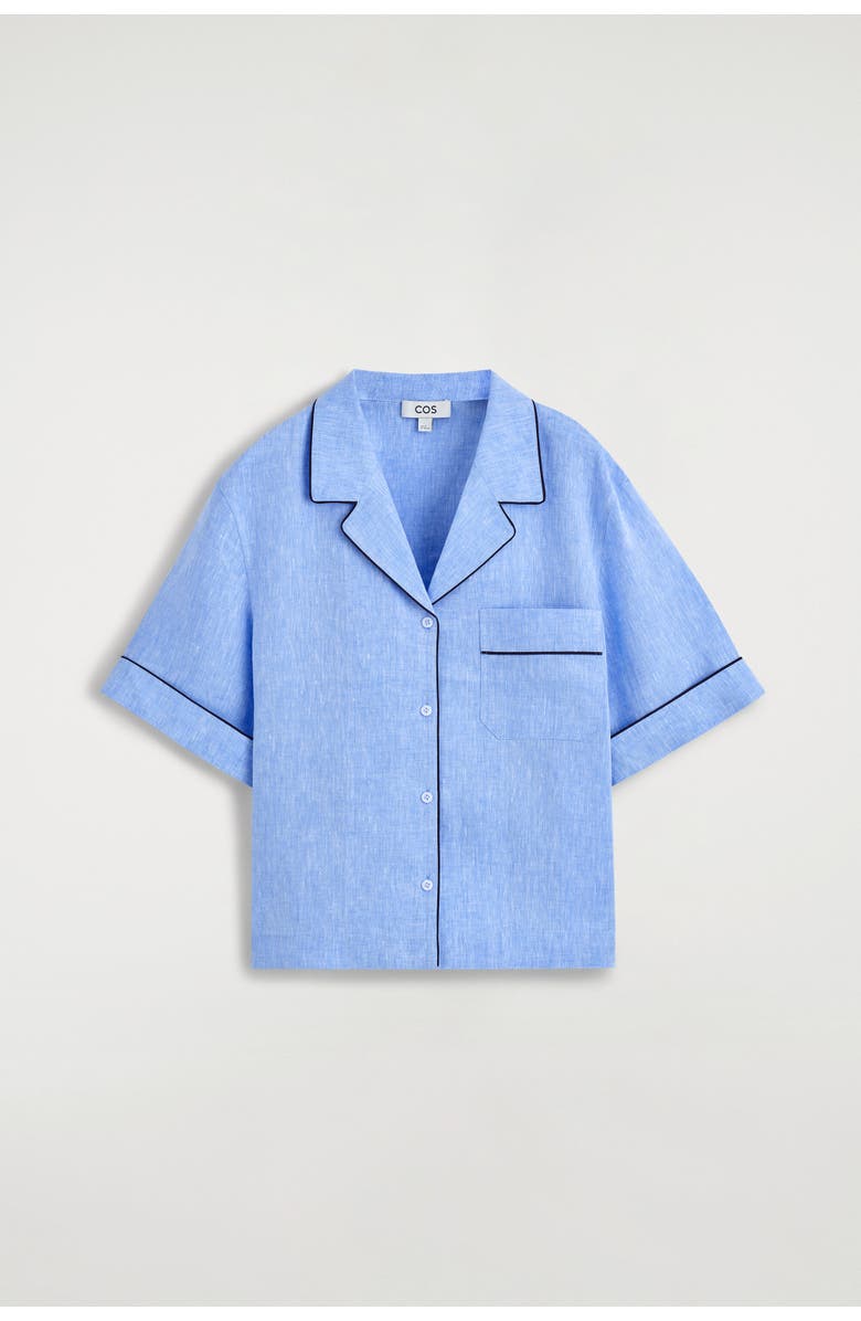 COS Contrast-piped Linen Resort Shirt, Alternate, color, Blue Mélange