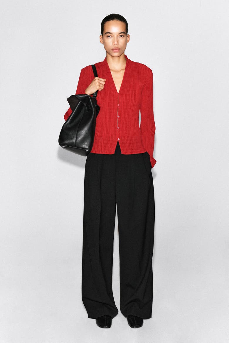 Pleated Jacquard Cardigan, Alternate, color, RED