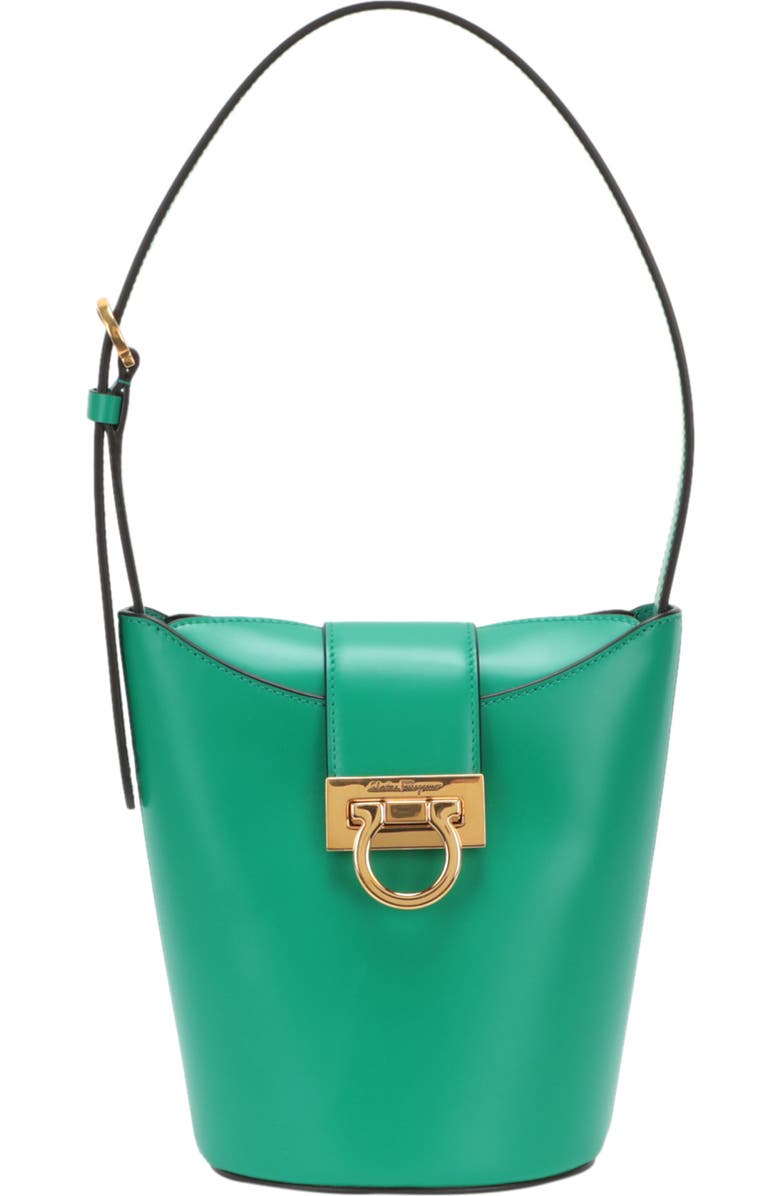 FERRAGAMO Gancini Leather Bucket Bag, Main, color, Green