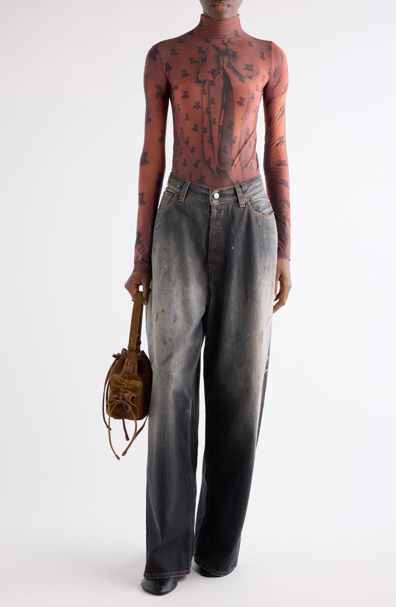 Acne Studios Edenise Teddy Print Long Sleeve Mesh Top, Alternate, color, Rust Brown