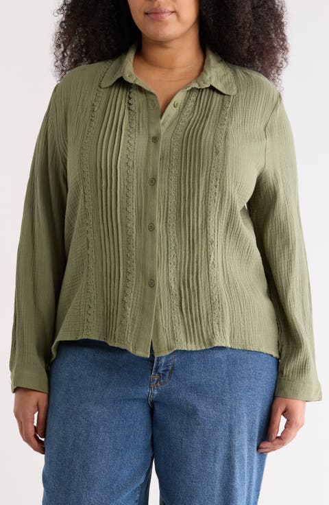 Pintuck Cotton Button-Up Shirt (Plus)