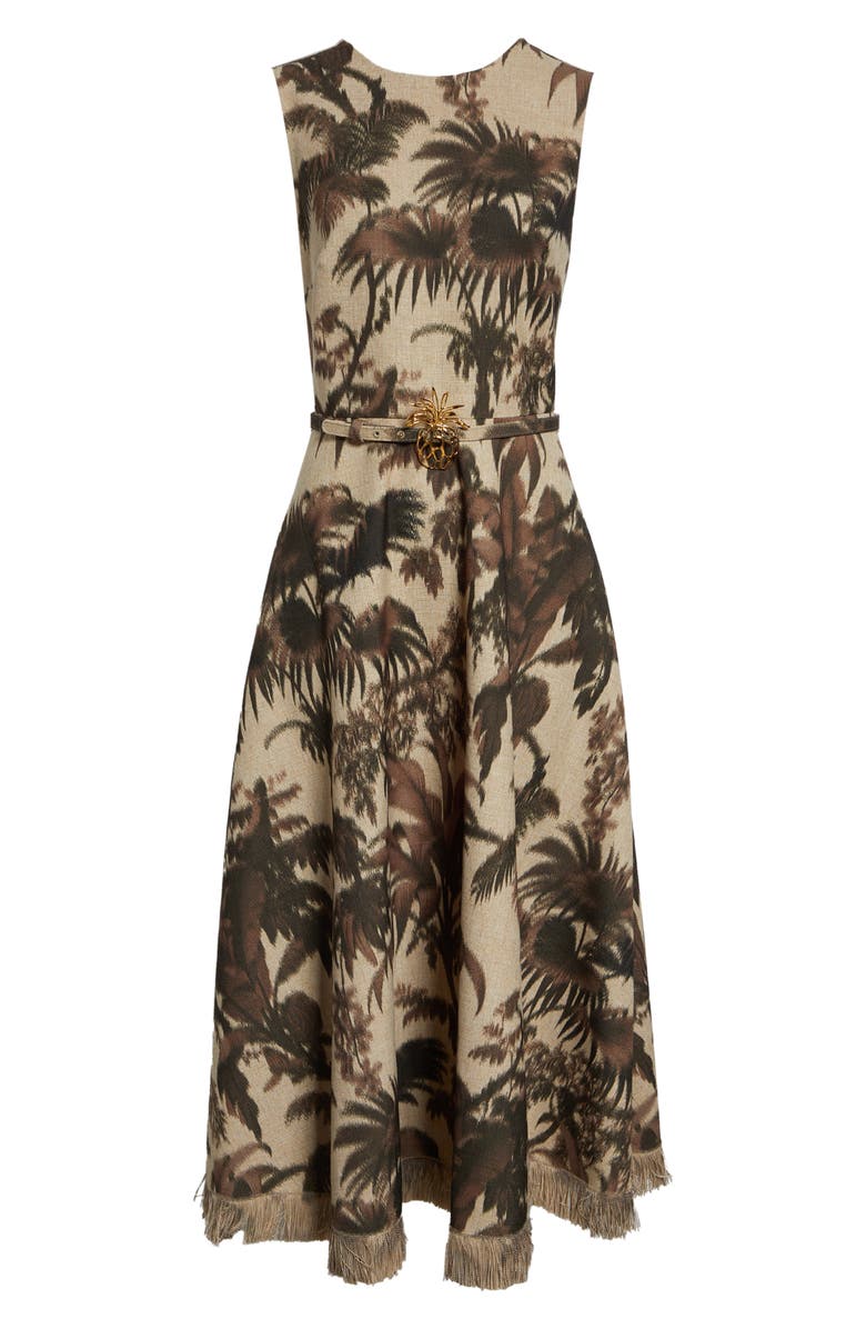 Oscar de la Renta Chiné Palm Leaves Print Dress, Main, color, Espresso/ Ivory