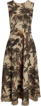 Oscar de la Renta Chiné Palm Leaves Print Dress