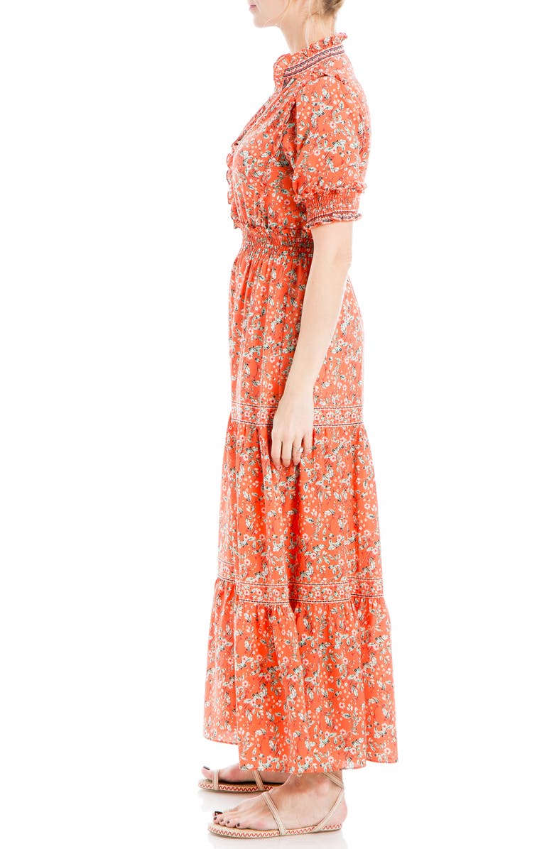 MAX STUDIO Ruffle Collar Print Tiered Maxi Dress, Alternate, color, Papaya/ Leafy Cherry Blossoms