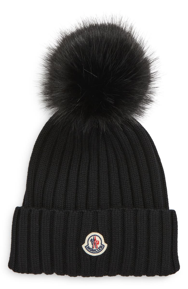 Moncler Wool Rib Beanie with Faux Fur Pompom, Main, color,