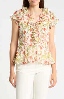 Floral Ruffle Tie Neck Top