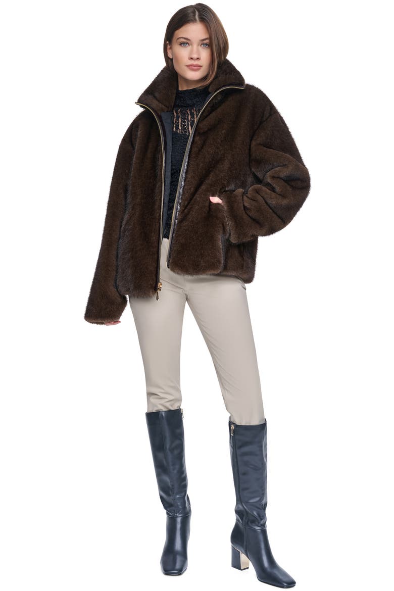 Zip Front Faux Fur Jacket, Alternate, color, BROWN