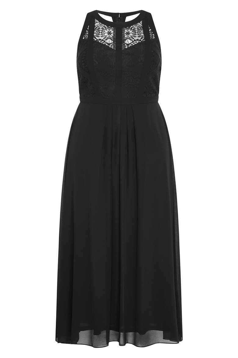 Lace Bodice Pleated Dress, Alternate, color, BLACK