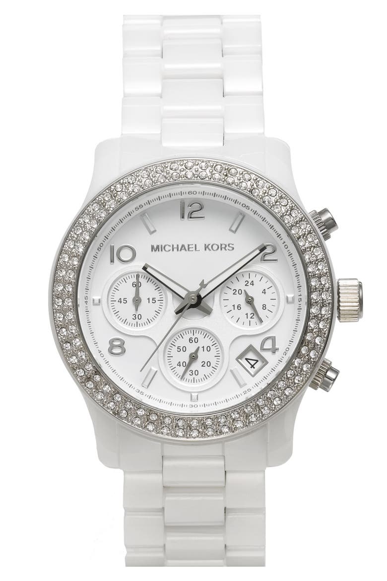 Michael Kors 'Runway Ceramic' Watch, 40mm, Main, color, WHITE / SILVER
