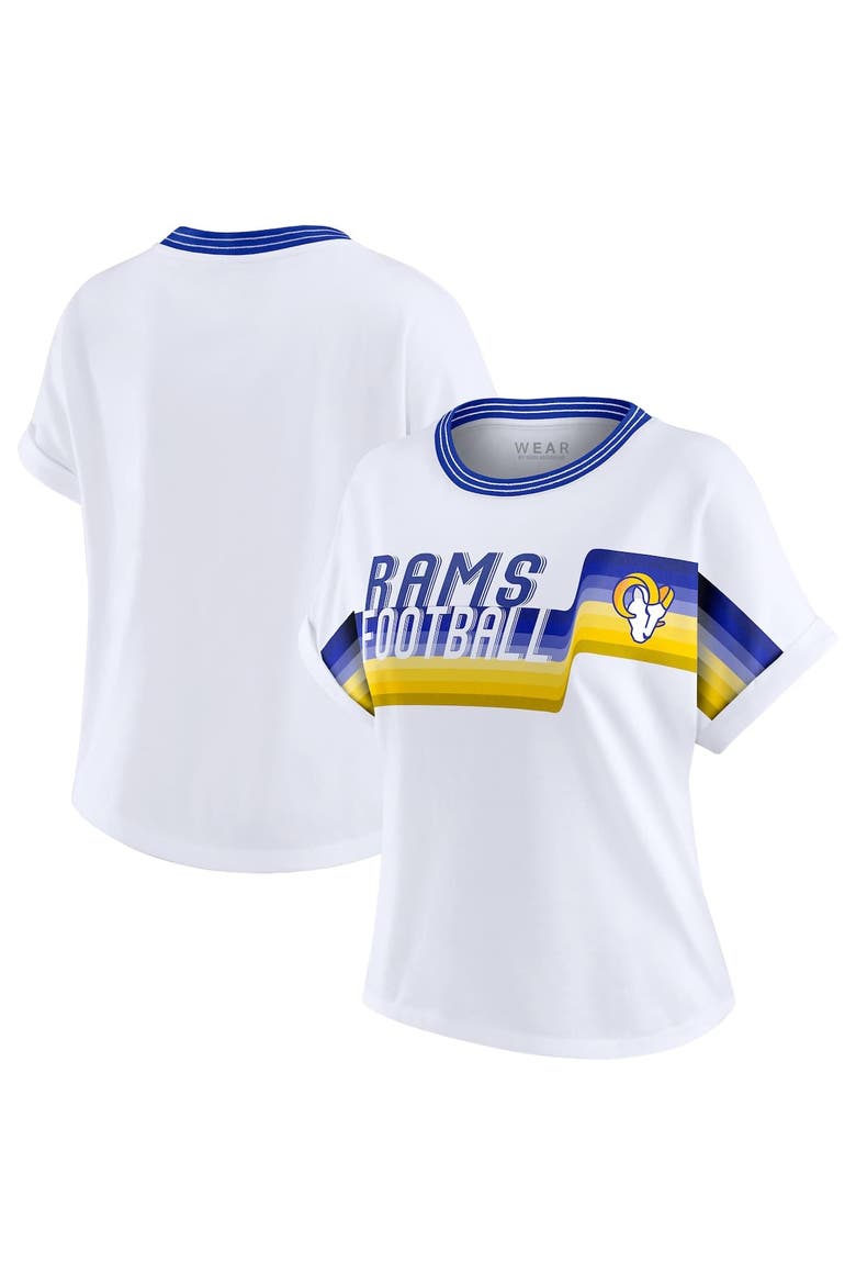 Women's WEAR by Erin Andrews White Los Angeles Rams Cropped Center Stripe Dolman T-Shirt, Alternate, color, White