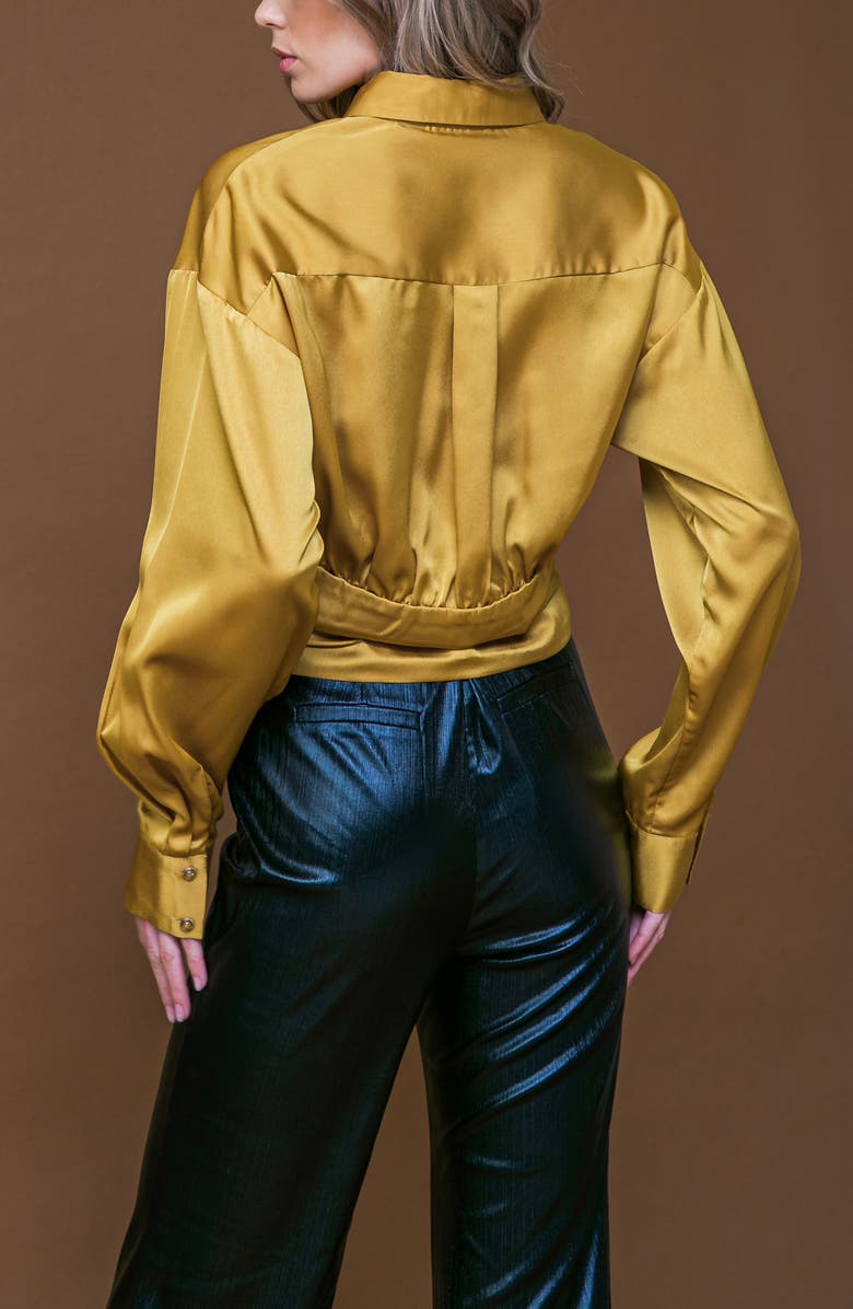 FLYING TOMATO Long Sleeve Satin Crop Button-Up Shirt, Alternate, color, Gold