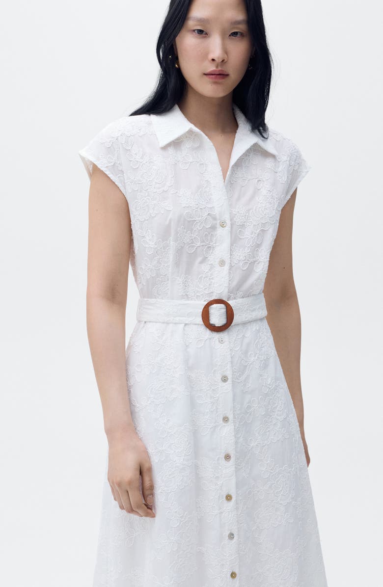 MANGO Floral Embroidered Cap Sleeve Cotton Shirtdress, Alternate, color, White