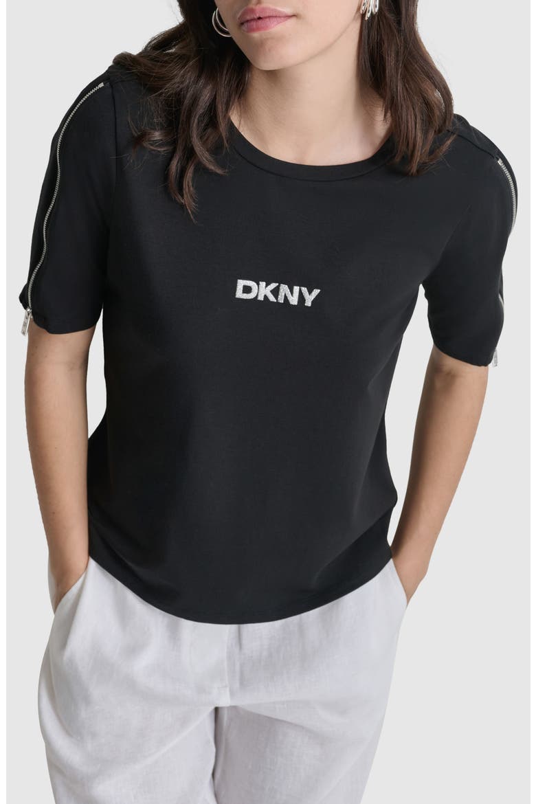Logo Zip Elbow Sleeve Stretch T-Shirt, Alternate, color, BLACK