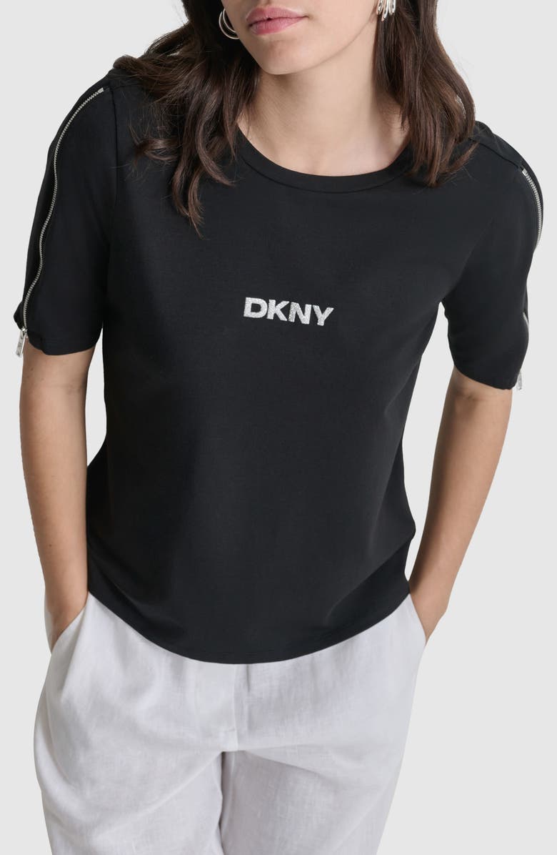 DKNY Logo Zip Elbow Sleeve Stretch T-Shirt, Alternate, color, 